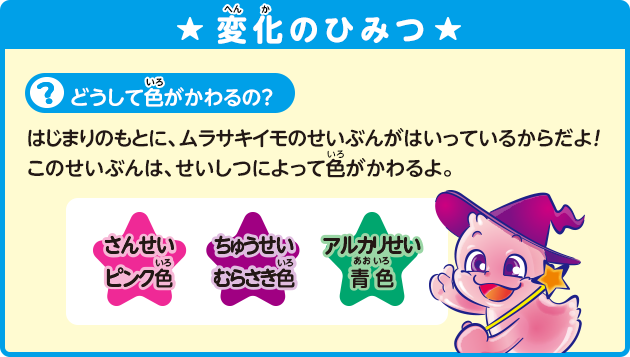 ［変化のひみつ］どうして色がかわるの？ はじまりのもとに、ムラサキイモのせいぶんがはいっているからだよ！このせいぶんは、せいしつによって色がかわるよ。