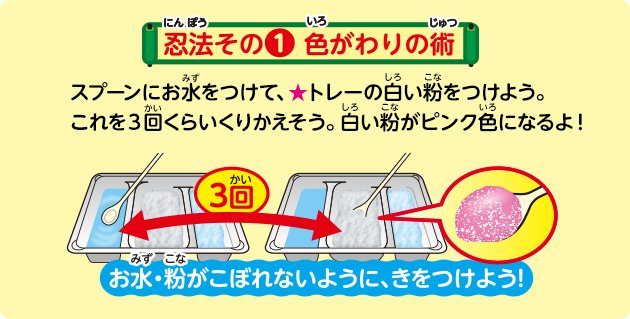 スプーンにお水をつけて、★トレーの白い粉をつけよう。これを3回くらいくりかえそう。白い粉がピンク色になるよ！