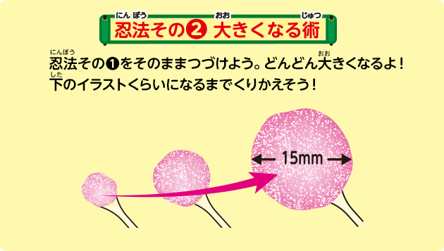 忍法その❶をそのままつづけよう。どんどん大きくなるよ！下のイラストくらいになるまでくりかえそう！