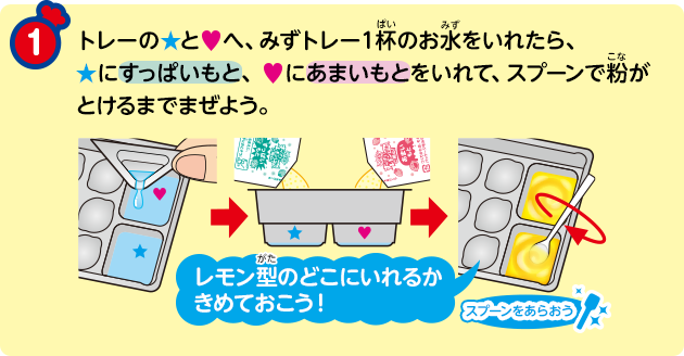 トレーの★と♥へ、みずトレー1杯のお水をいれたら、★にすっぱいもと、♥にあまいもとをいれて、スプーンで粉がとけるまでまぜよう。